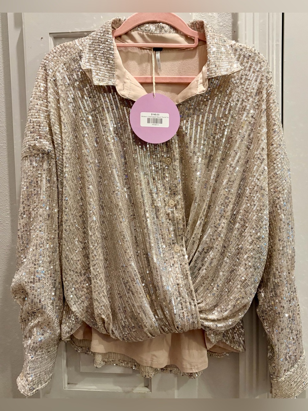 NWT YFB Sequin Twist-Front Blouse - Elegant Champagne